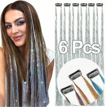 6 Stücke Haar Tinsel Clip, Tinsel Haarverlängerungen, Fairy Haar Tinsel, glitzernde Haar Strähnen 20 Zoll Haar Tinsel, hitzebeständig