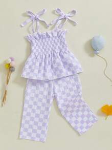 2Pcs Toddler Baby Girl Linen Summer Clothes Tie-Up Sleeveless Smocked Ruffle Hem Tops Long Pants Casual Outfits - Purple - View 5