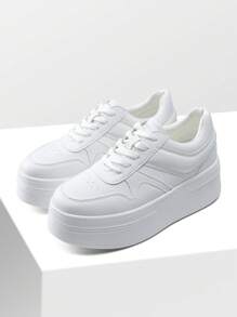 Women's Platform High Heel Fashion Sneakers – Lightweight, Stylish, And Classic Lace-Up Casual Walking Shoes - trắng - Xem 6