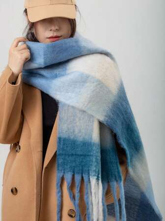 1pc New 2025 Oversized Soft Thick Fringed Plaid Scarf For Women, Extra Large & Warm, Suitable For Autumn/Winter For Dress
