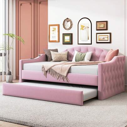 MERAX Twin Size Tufted Upholstered Daybed With Trundle, Velvet Sofabed With USB&Type-C Charging Ports,No Box-Spring Needed, Pink