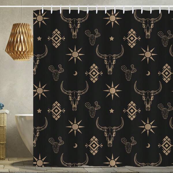 1 pieza Cortina de ducha con cráneo de toro estilo bohemio, cabeza de vaca con cuernos largos, cactus, cortina de ducha bohemia en negro y dorado para decoración del hogar y baño, decoración de otoño, accesorios de baño, de vuelta a la escuela