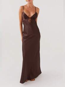 Women Slip Cami Dress Long Sleeveless Tie-Up Front Backless Maxi Dress Lounge Dress - 咖啡 - 查看 2
