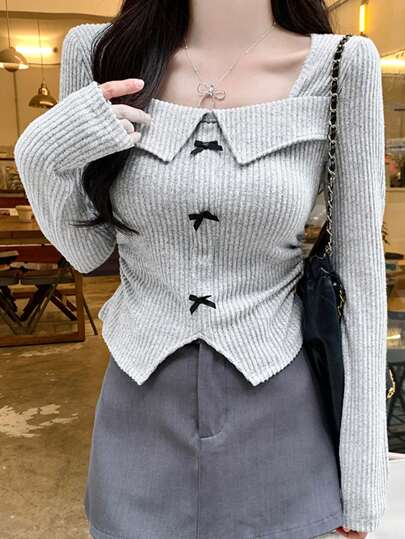 Retro American Style Bowknot Collar Long Sleeve T-Shirt For Women, Waist Cinched Slim Fit Casual Tee