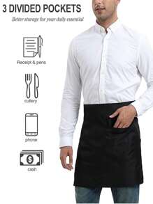 1pc Kitchen Server Essential 4-Color Waist Apron, 3 Pockets, 55cm Length Service Apron Waterproof For Server Chef Waitress, Black/White/Red/Navy - Black - View 9