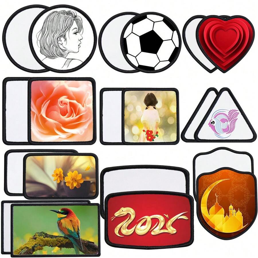 Parches de tela (de planchar), 10 formas de parches en blanco para sublimación, accesorios de ropa, apliques DIY, parches para coser y reparar para manualidades DIY, ropa, chaquetas, vaqueros, vestidos, bolsas, mochilas, sombreros, decoraciones, regalos del Día de San Valentín