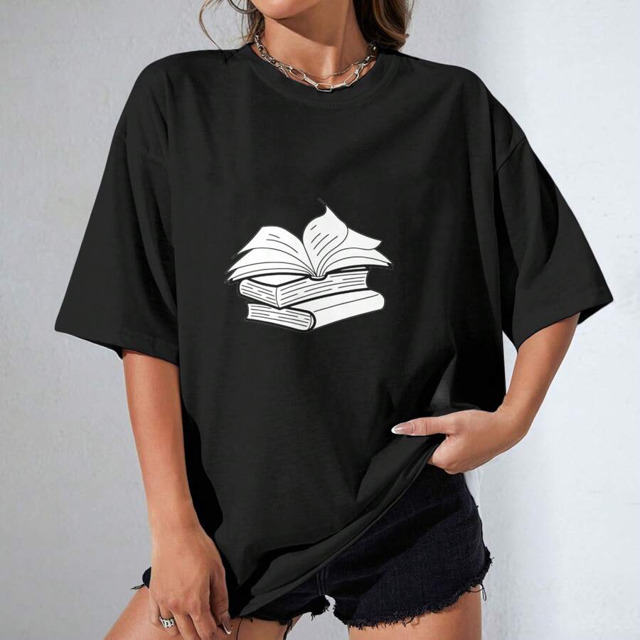 100% Cotton Unisex T-Shirt With "Book Lover's Delight" Literary Design - 黑色 - 查看 1