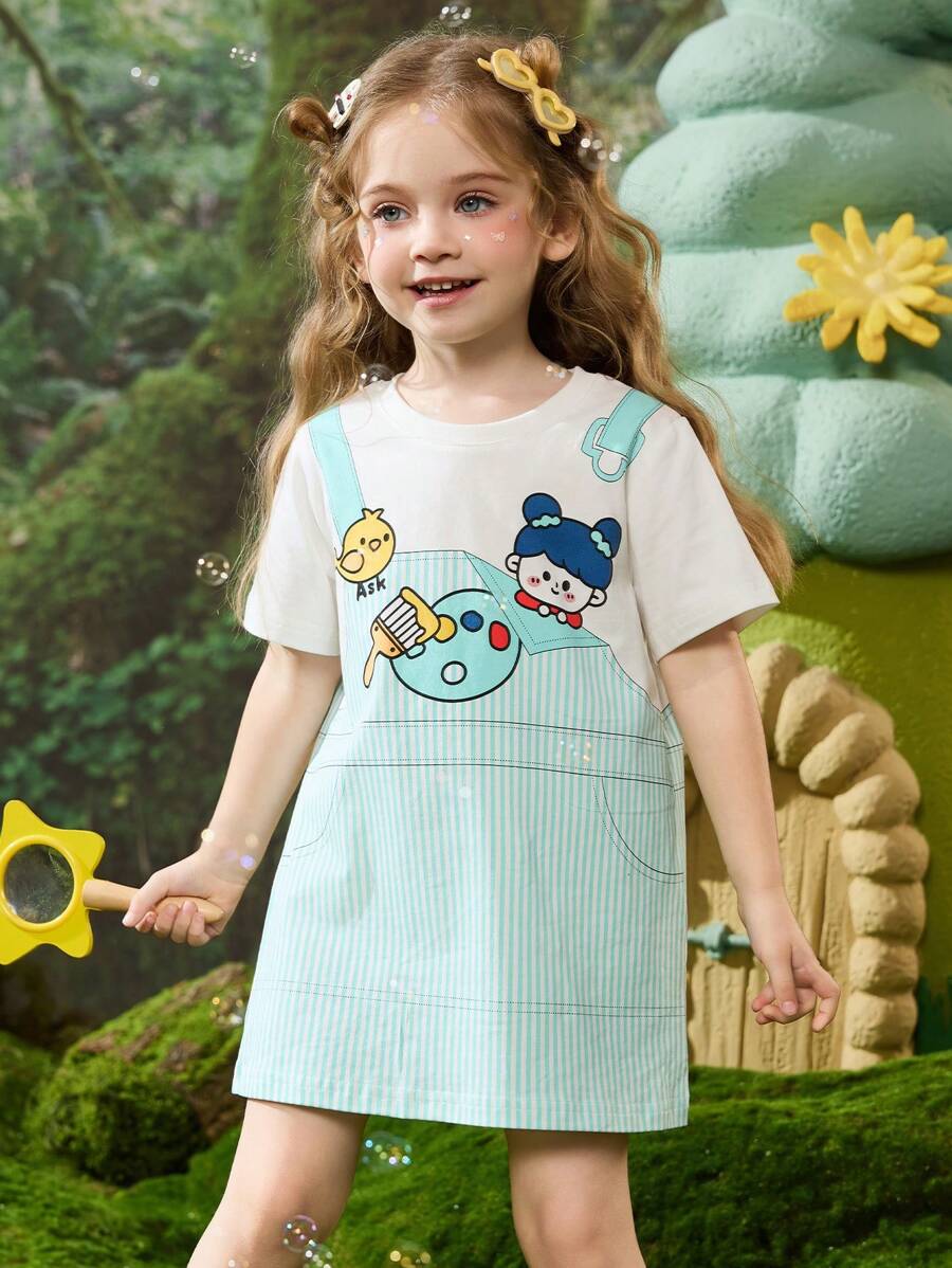 Young Girls' Short Sleeve T-Shirt Dress, Casual Patterned Dress