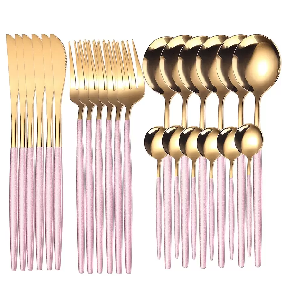 Belifou 24 Piece Cutlery Set Knives Forks Coffee Spoons Cutlery Set For 6 People - Hoa hồng vàng - Xem 1