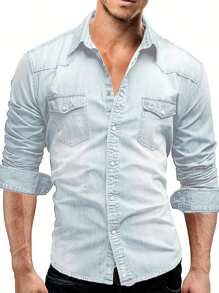 Men's Spring Autumn Casual Shirts Solid Color Long Sleeve Lapel Denim Tops Button Shirts For Party - 淺藍色 - 查看 1