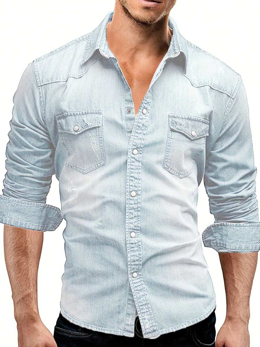 Men's Spring Autumn Casual Shirts Solid Color Long Sleeve Lapel Denim Tops Button Shirts For Party - 淺藍色 - 查看 1