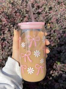 1 Pc Glass Cup Pink Bow 550ml ,Coffee Cup With Sealed Bamboo Lid And Straw, Christmas,Summer, Halloween,Suitable For Office And School, For Coffee, Tea, Beer, Juice, Hot And Cold Drinks, Smoothies, Etc,Reusable, Thermal Insulation, Used For Parties, Gatherings, Festivals, Thanksgiving,Teachers' Day, Holiday Gifts, A Gift For Mom, Lovers, Boyfriends And Girlfriends,Best Friend, Bride.