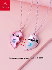 2 Stücke Set Mädchen Sonne, Mond, Herz geformte Zinklegierung "Mutter Tochter" Buchstaben Tropfen Öl Süß Magnetisch Halskette, Geschenkverpackung geeignet für Muttertag - Verschiedenfarbig - Übersicht 2
