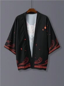 Japanese Style Fox Print Casual Lightweight Kimono Top, For Spring/Summer, Vintage Harajuku Streetwear, Travel, Beach Cover-Up, Performing Arts Costume - Black - View 3