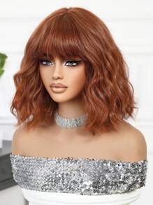 Tóc giả sợi tổng hợp chịu nhiệt chất lượng cao dài 14 inch màu cam đất tóc mái ngắn xoăn cho nữ hoàn hảo cho tiệc tùng ngày lễ mặc hàng ngày - Cam bẩn - Xem 5