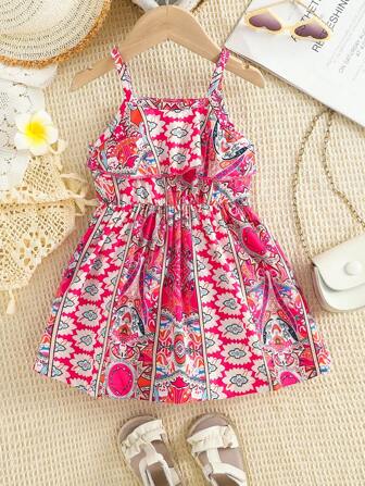 女婴花卉印花吊带连衣裙，休闲风格，夏季