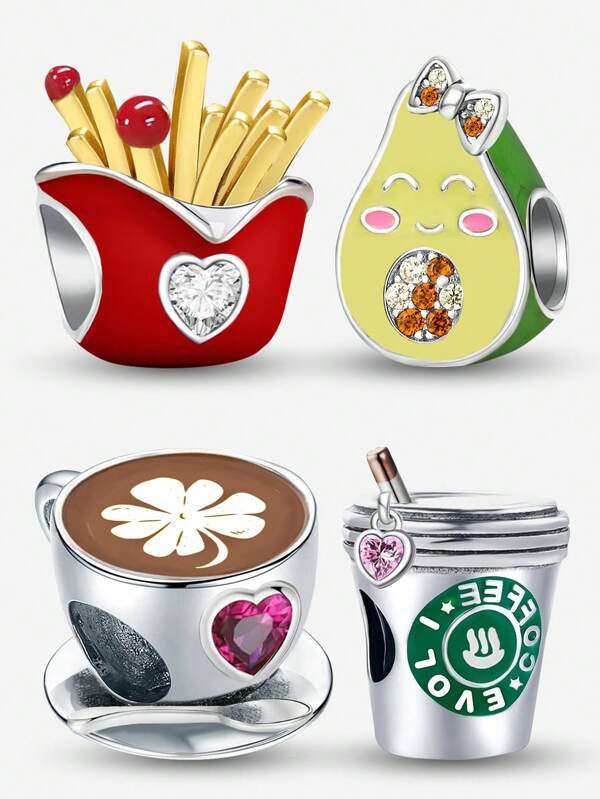1 pieza Colgante de plata de ley 925 con forma de café, té de la tarde, patatas fritas, aguacate, adecuado para hacer pulseras, joyería de mujer DIY