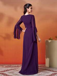 Women Square Neck Long Sleeve Slit Embroidered Maxi Dress,Party Dress,Gown,Formal,Evening,Wedding Guest - Purple - View 2