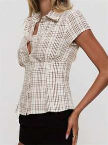 Women's Plaid Shirt Button-Up Short Sleeve Collared Slim Fit Casual Summer Blouse Tops - 鏽棕色 - 查看 5
