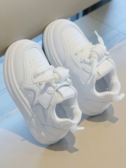 1 Pair Unisex White PU Criss-Cross Strap Flat Soft Breathable Non-Slip Round Toe Student Sports Shoes, Versatile Casual Training Sneakers, Suitable For All Seasons