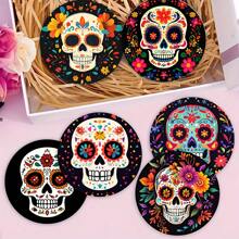 Set de 1/4/6 piezas de posavasos de barro de diatomeas con diseño de calavera y flores - Posavasos para tazas con aislamiento térmico, manteles lavables, antideslizantes y resistentes al calor, ideales para uso doméstico, cafe, oficina, cocina, hora del té, decoración de fiestas temáticas, regalos exquisitos