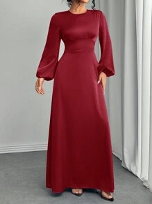 Women's Solid Color Elegant Lantern Sleeve Modest A-Line Long Dress - Burgundy - View 3