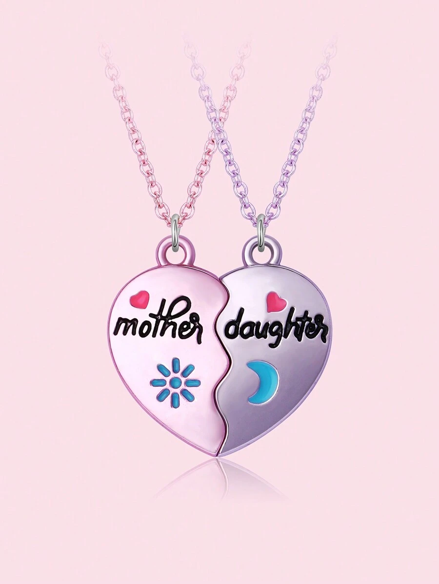 2 Stücke Set Mädchen Sonne, Mond, Herz geformte Zinklegierung "Mutter Tochter" Buchstaben Tropfen Öl Süß Magnetisch Halskette, Geschenkverpackung geeignet für Muttertag - Verschiedenfarbig - Übersicht 1