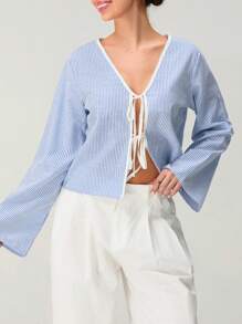 Womens Stripes Print Tops Long Sleeve V Neck Tie-Up Front Loose Shirts Fall Blouses