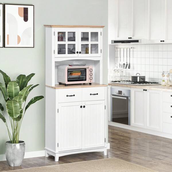 HOMCOM HOMCOM Freestanding Kitchen Cupboard, Kitchen Storage Cabinet With Framed Glass Doors, 2 Drawers, Microwave Counter, White