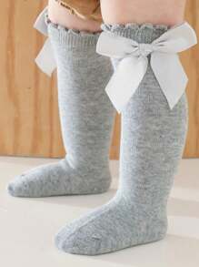 6 Pairs Girls & Toddler Girls' Bow Accent Solid Color Over-The-Knee Cotton Socks, School Style