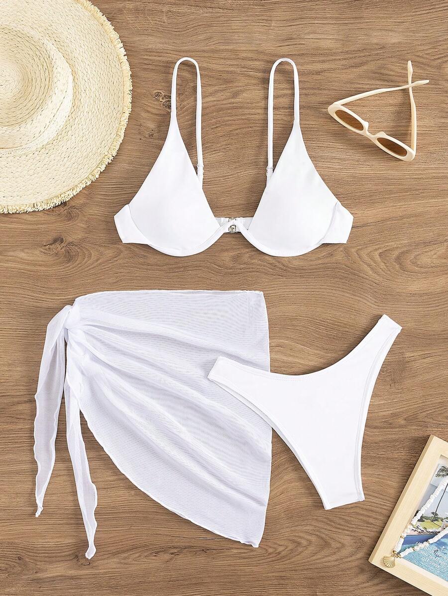 Women's Vacation Sexy Solid Color Bikini Swimsuit With Coverup And Mini Skirt 3-Piece Set