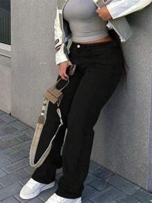 Large Size Women's Denim Jeans - Wide Leg Loose Mid Waist Boyfriend Jeans, Y2K Style Denim Pants - 黑色 - 查看 4