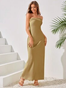 Váy ống đơn giản màu trơn cho nữ, váy dự tiệc, váy dự tiệc cưới - Màu nâu  Mocha - Xem 3