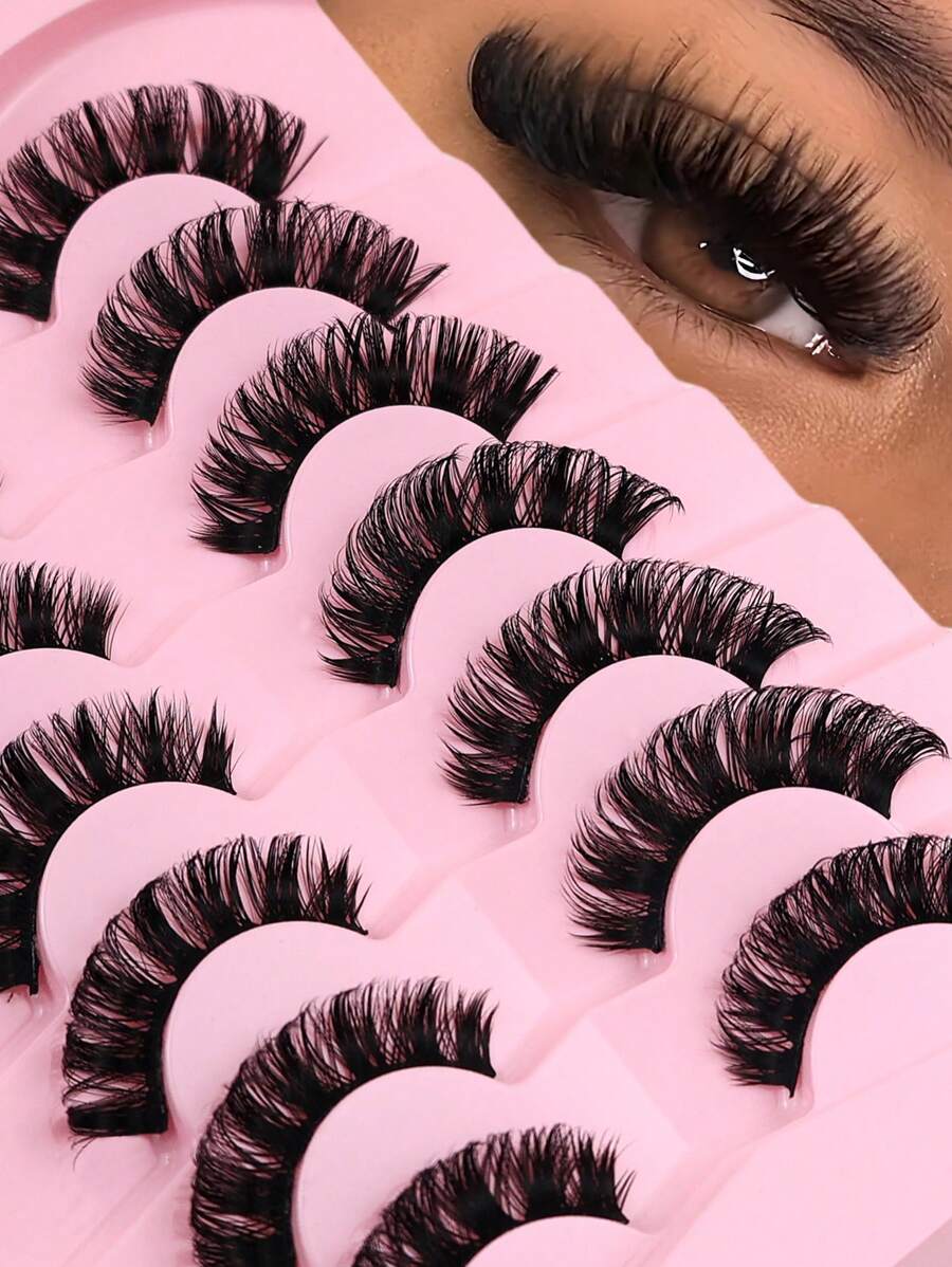 ICHICKISS 7 对自然卷曲假睫毛和 2 个一次性睫毛刷，蓬松加长，适合日常使用，日常必备物品