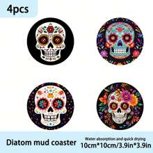 Set de 1/4/6 piezas de posavasos de barro de diatomeas con diseño de calavera y flores - Posavasos para tazas con aislamiento térmico, manteles lavables, antideslizantes y resistentes al calor, ideales para uso doméstico, cafe, oficina, cocina, hora del té, decoración de fiestas temáticas, regalos exquisitos