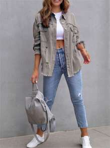 Women's Spring Autumn Denim Coat Lapel Long Sleeve Solid Color Button Up Ripped Jean Jacket - Grey - View 2
