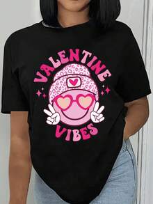 女士休闲可爱印花短袖圆领 T 恤，舒适时尚，情人节、生日礼物