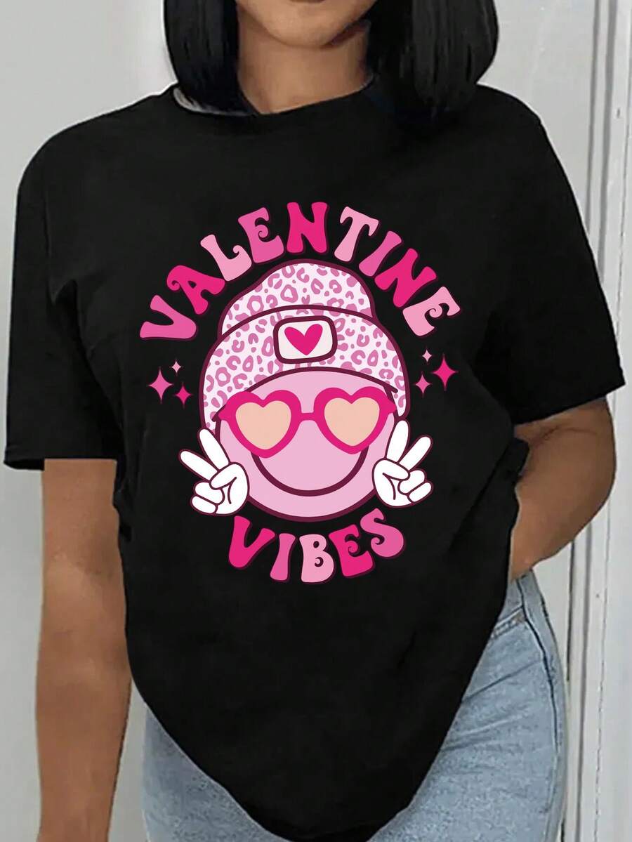 女士休闲可爱印花短袖圆领 T 恤，舒适时尚，情人节、生日礼物