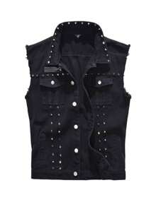 Men's Hip-Hop Rock Punk Sleeveless Denim Jean Vest Jacket With Rivets - 黑色 - 查看 1