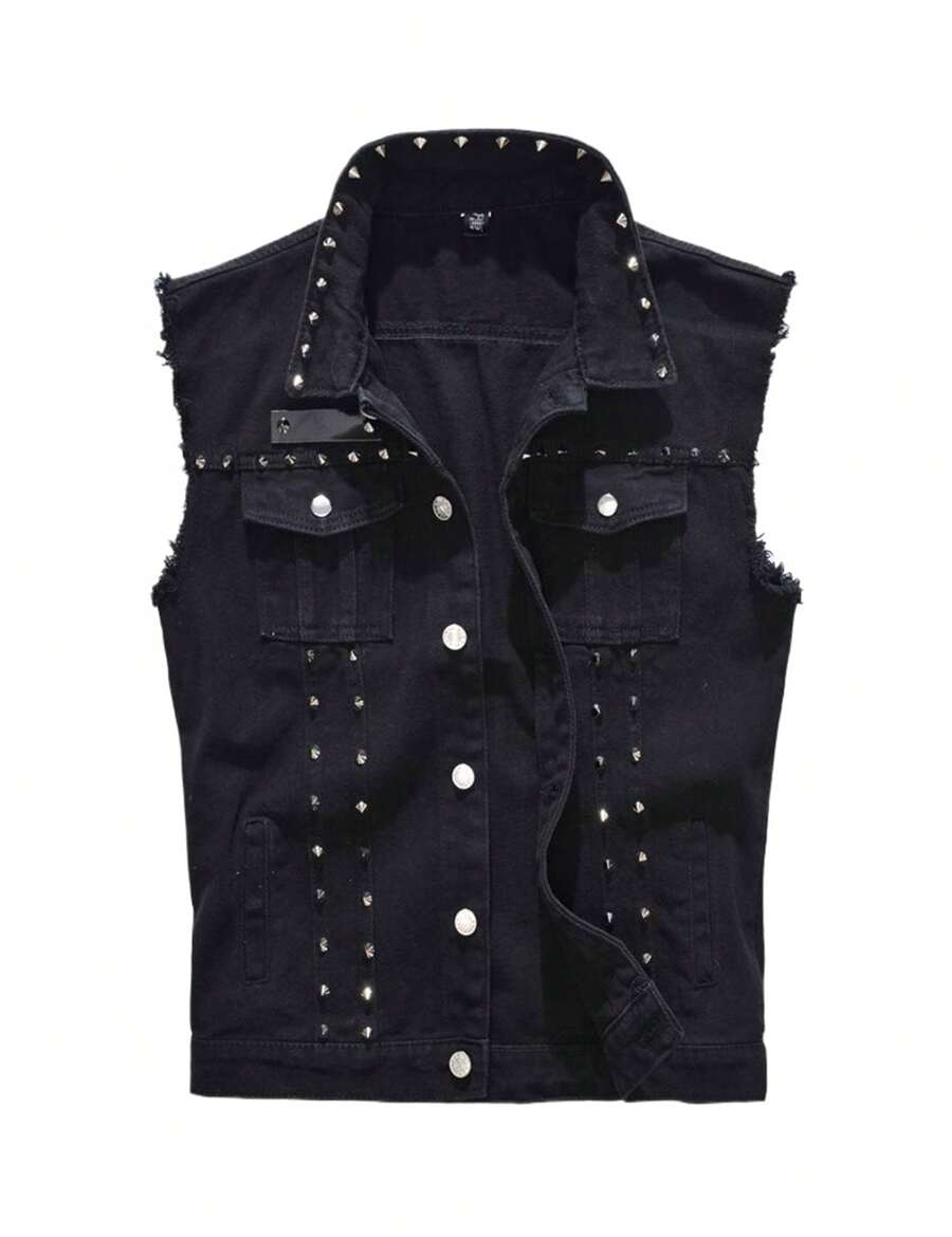 Men's Hip-Hop Rock Punk Sleeveless Denim Jean Vest Jacket With Rivets - 黑色 - 查看 1