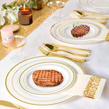 175Pcs Disposable Gold Dinnerware Set Gold Rim Plastic Plates Cups Fork Spoon Knife Paper Napkins For Party Wedding Graduation