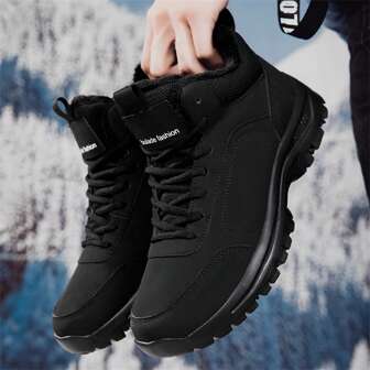 High-Top Sports Shoes For Men, Autumn/Winter Warm Thickening Leather Casual Boots, Black Color Hiking Shoes