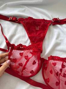 Lingerie Set With Underwire Bra And Panties GRINGA INTIMATE FASHION TULLE EMBROIDERED HEART - 紅色 - 查看 3