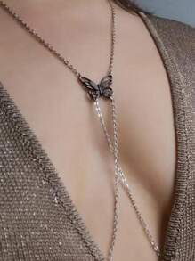 Fake Piercing With Chain Fake Nipple Ring For Women, Non Piercing Nipple Ring With Butterfly Necklaces Adjustable Ring Fake Ring Non Piercing Jewelry