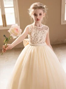 少女香槟色长款舞会礼服，配大蝴蝶结、薄纱舞会礼服 - 香檳色 - 查看 8