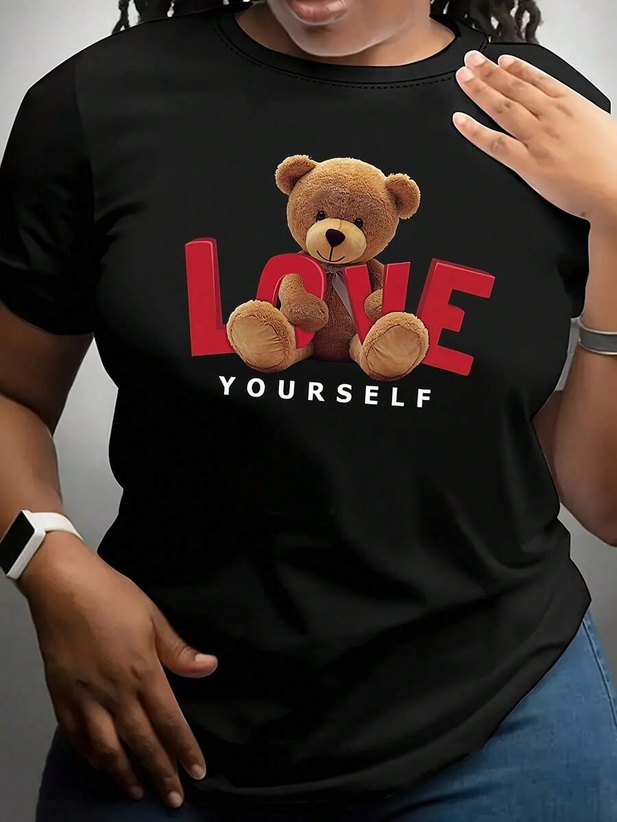 Plus Size Women's Panda T-Shirt, Casual Round Collar Short -Sleeved Top, Summer - Black - View 1