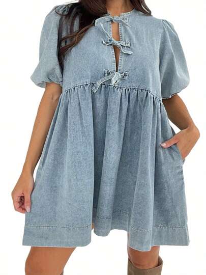 Women Tie Front Denim Dress Round Neck Puff Sleeve A-Line Mini Jean Dress With Pockets