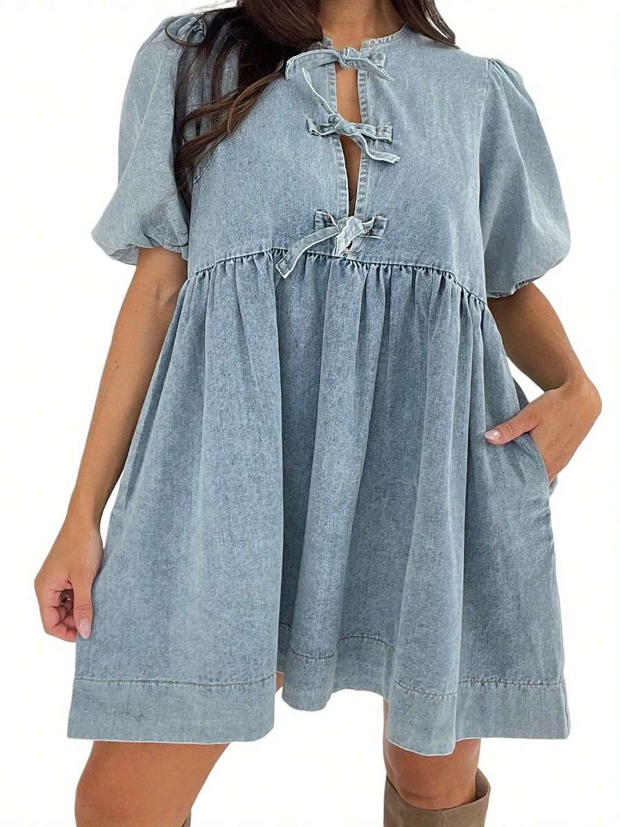 Vestido vaquero para mujer, manga corta abullonada, estilo babydoll, mono vaquero, bolsillos, vestidos azules casuales de verano 2025 a la moda - Azul - Ver 1