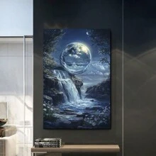 Framed Moonlight Waterfall Canvas Print,  Magical Nature Scene With Crystal Ball,  Fantasy Landscape With Ocean And Flowers, Home Decor