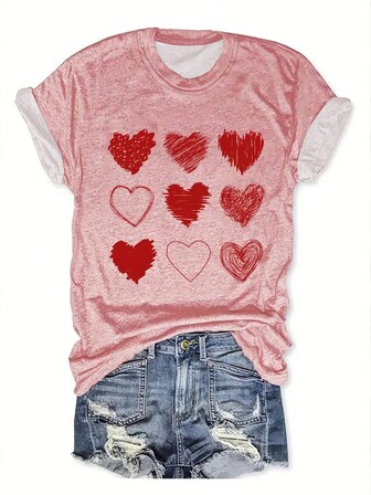 女士爱心印花圆领短袖休闲 T 恤